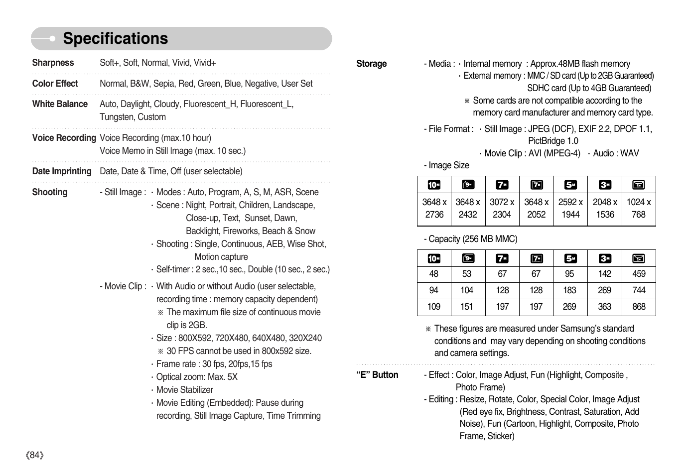 Specifications | Samsung EC-S1050BDA-AS User Manual | Page 85 / 102