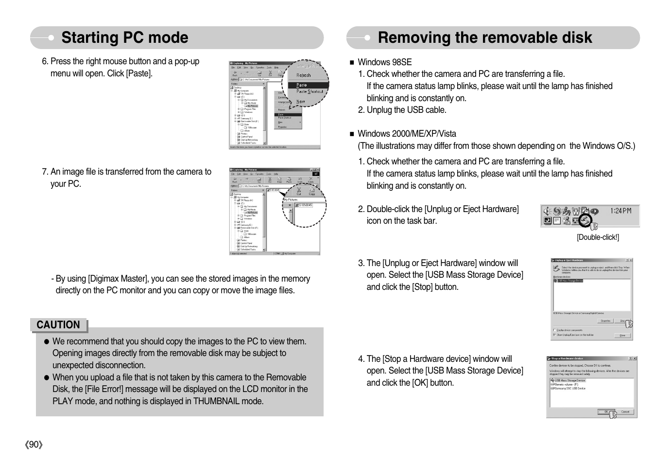 Removing the removable disk, Starting pc mode | Samsung EC-S1050BDA-AS User Manual | Page 91 / 102