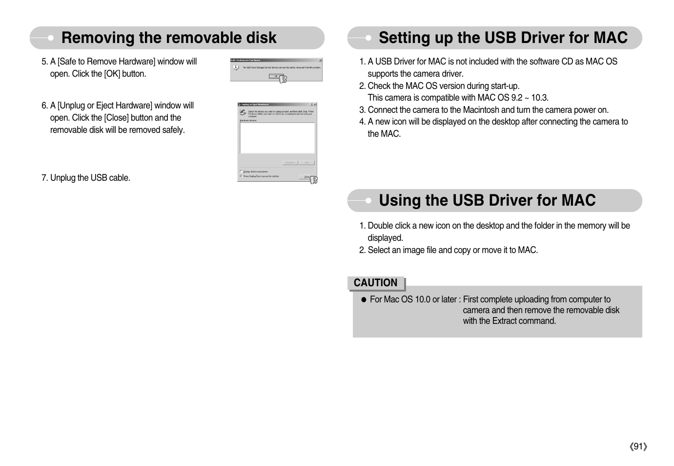 Removing the removable disk, Using the usb driver for mac, Setting up the usb driver for mac | Samsung EC-S1050BDA-AS User Manual | Page 92 / 102