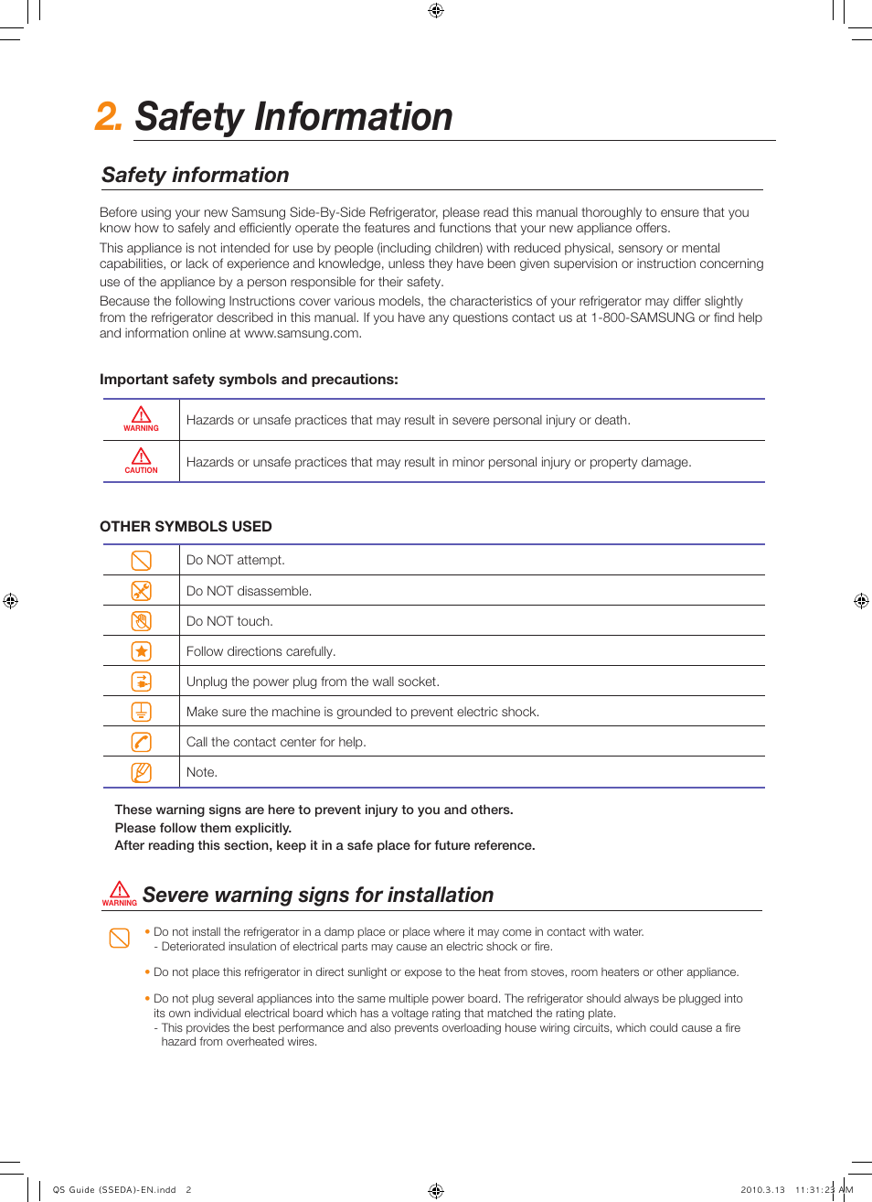 Safety information, Severe warning signs for installation | Samsung RS267TDWP-XAA User Manual | Page 2 / 10