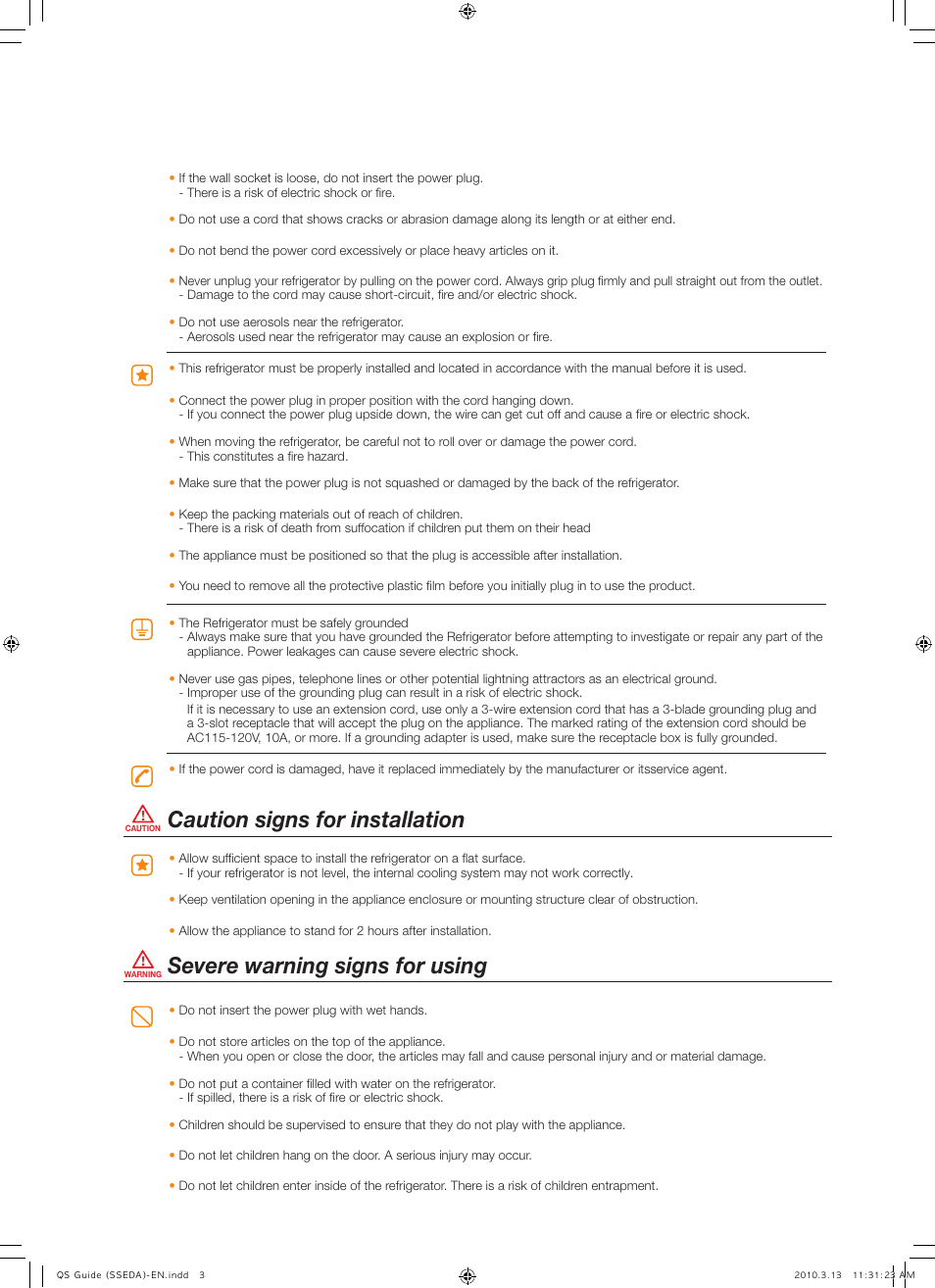 Caution signs for installation, Severe warning signs for using | Samsung RS267TDWP-XAA User Manual | Page 3 / 10