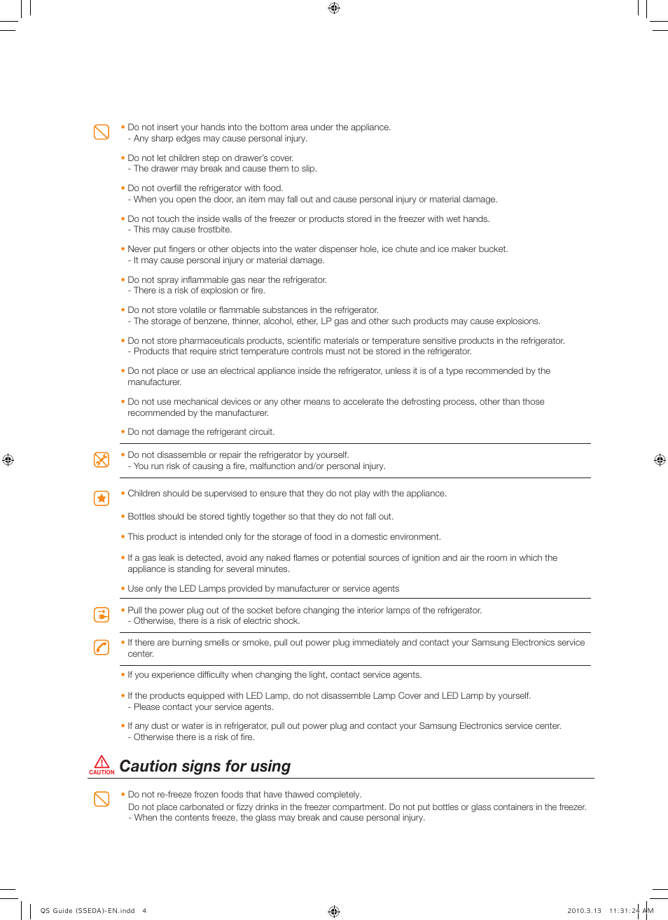 Caution signs for using | Samsung RS267TDWP-XAA User Manual | Page 4 / 10