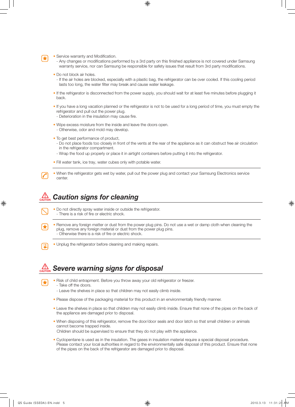 Caution signs for cleaning, Severe warning signs for disposal | Samsung RS267TDWP-XAA User Manual | Page 5 / 10