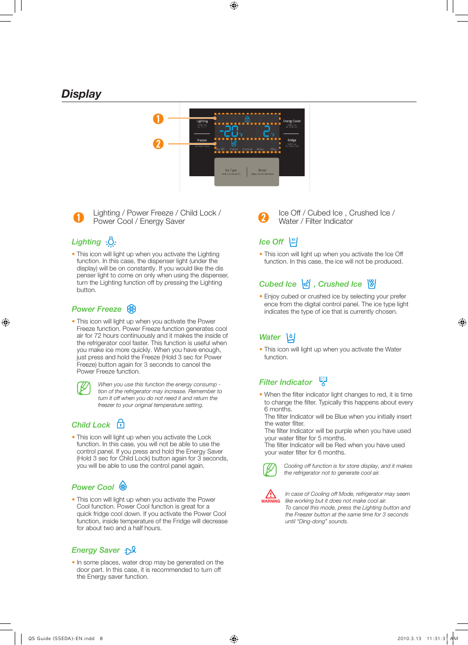 Display | Samsung RS267TDWP-XAA User Manual | Page 8 / 10