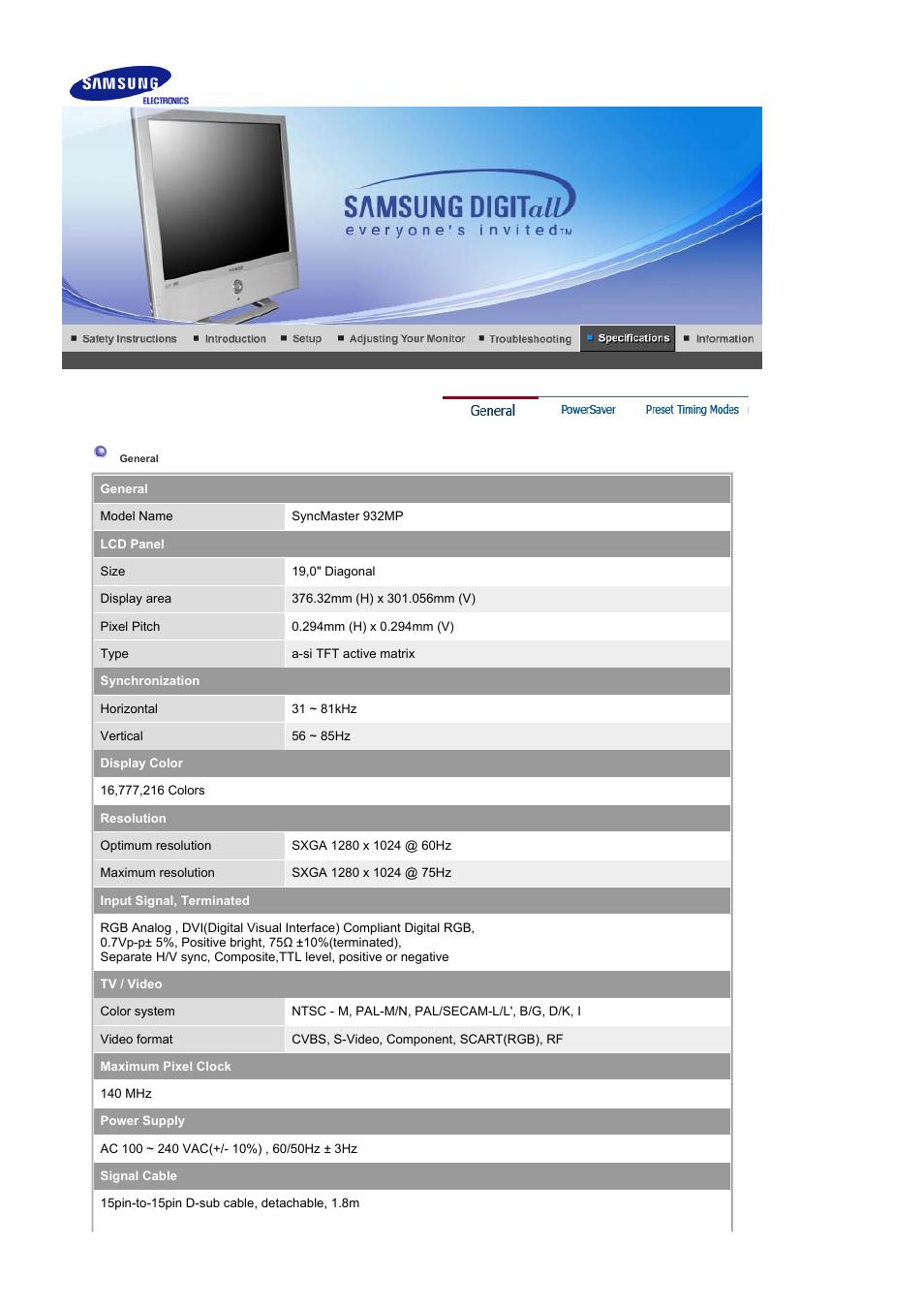 Specifications, General | Samsung LS19RTUSSZ-XAZ User Manual | Page 44 / 56