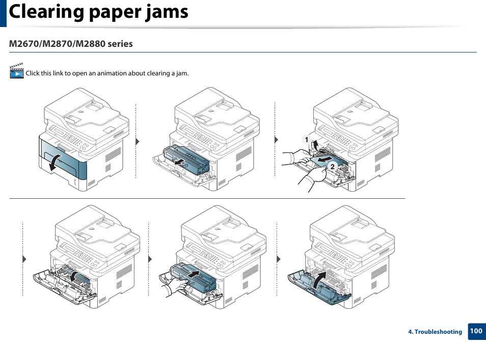 Clearing paper jams | Samsung SL-M2875FD-XAA User Manual | Page 100 / 324