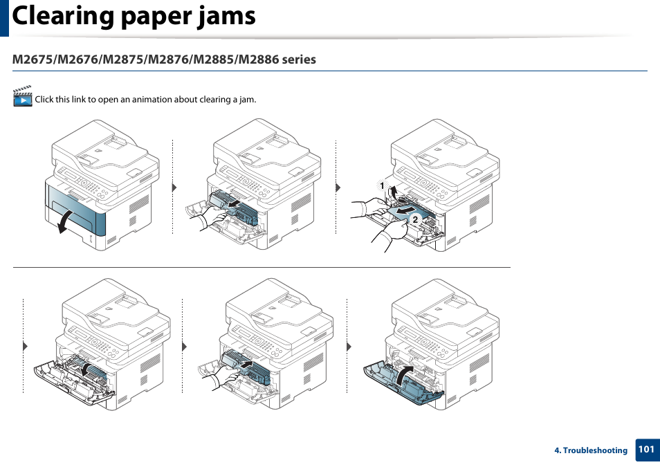 Clearing paper jams | Samsung SL-M2875FD-XAA User Manual | Page 101 / 324