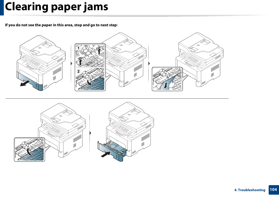 Clearing paper jams | Samsung SL-M2875FD-XAA User Manual | Page 104 / 324