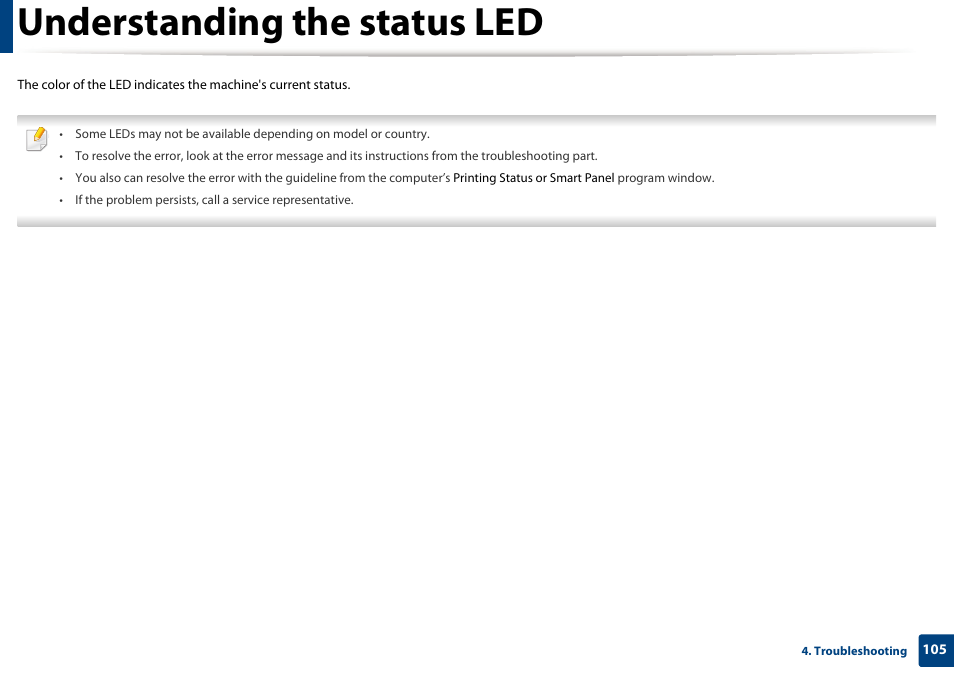 Understanding the status led | Samsung SL-M2875FD-XAA User Manual | Page 105 / 324