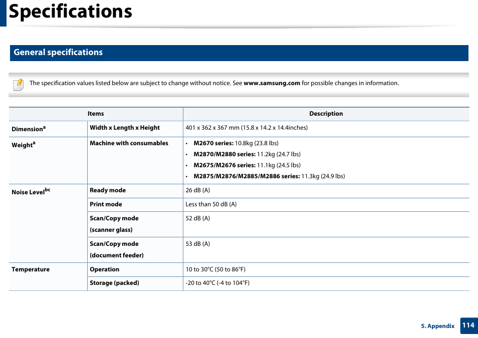 Specifications, General specifications | Samsung SL-M2875FD-XAA User Manual | Page 114 / 324