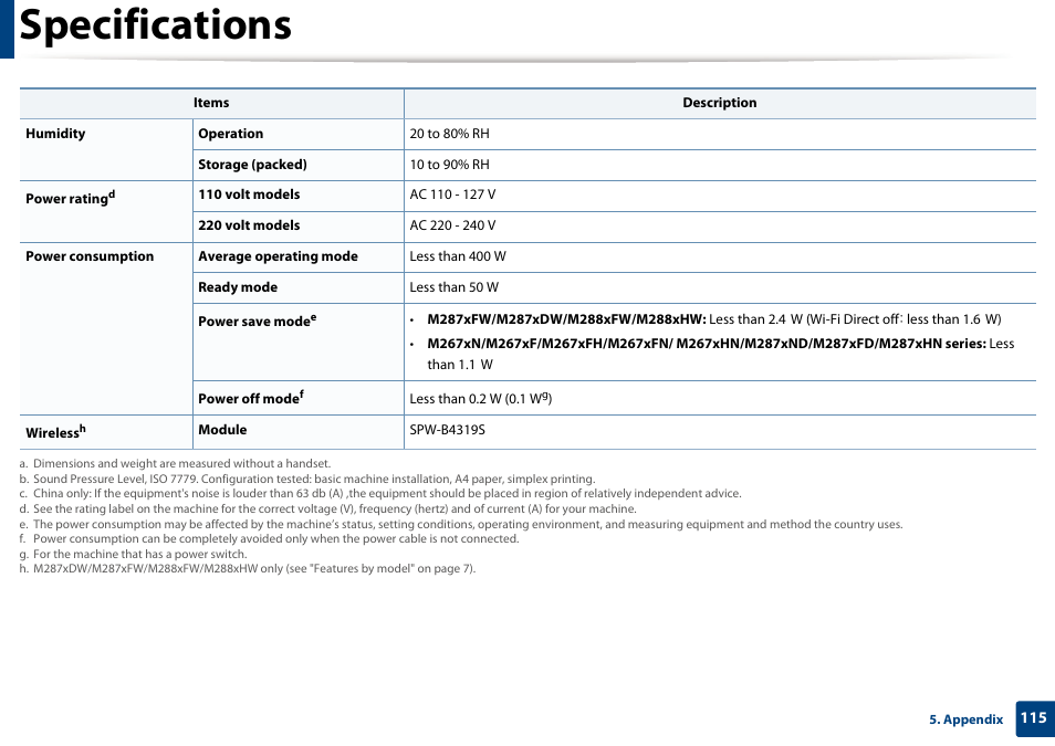 Specifications | Samsung SL-M2875FD-XAA User Manual | Page 115 / 324