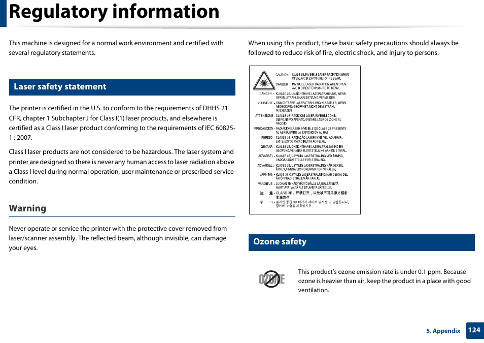 Regulatory information, Warning, Laser safety statement | Ozone safety | Samsung SL-M2875FD-XAA User Manual | Page 124 / 324