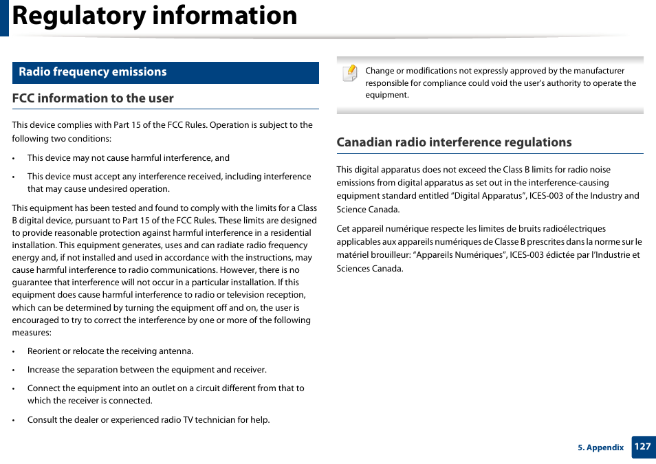 Regulatory information, Fcc information to the user, Canadian radio interference regulations | Radio frequency emissions | Samsung SL-M2875FD-XAA User Manual | Page 127 / 324