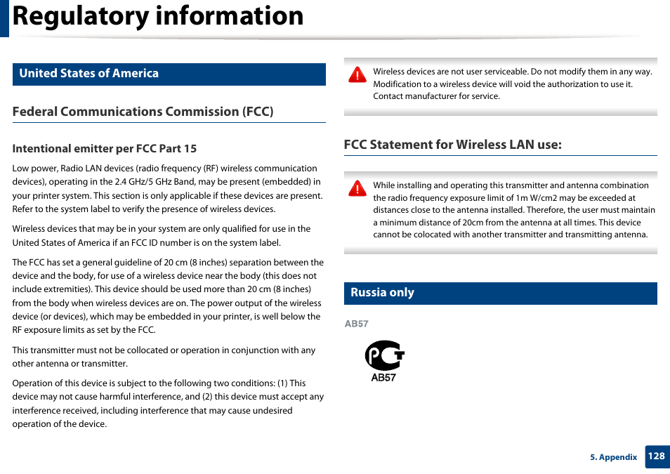 Regulatory information, Federal communications commission (fcc), Fcc statement for wireless lan use | United states of america, Russia only, Intentional emitter per fcc part 15 | Samsung SL-M2875FD-XAA User Manual | Page 128 / 324