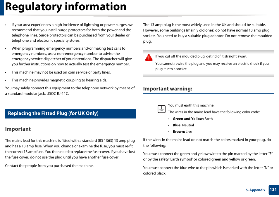 Regulatory information, Important, Important warning | Replacing the fitted plug (for uk only) | Samsung SL-M2875FD-XAA User Manual | Page 131 / 324