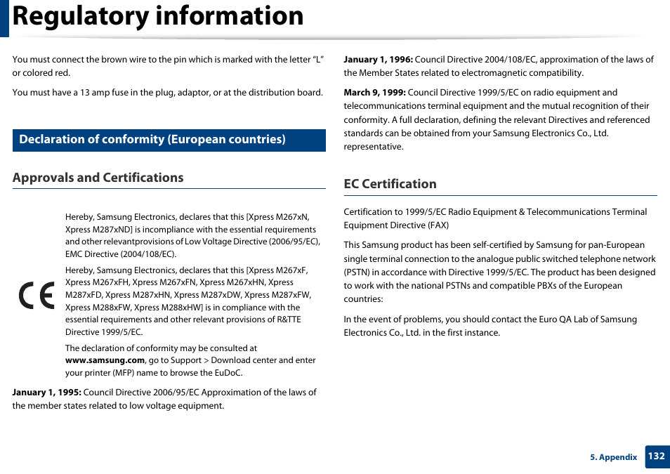 Regulatory information, Approvals and certifications, Ec certification | Declaration of conformity (european countries) | Samsung SL-M2875FD-XAA User Manual | Page 132 / 324