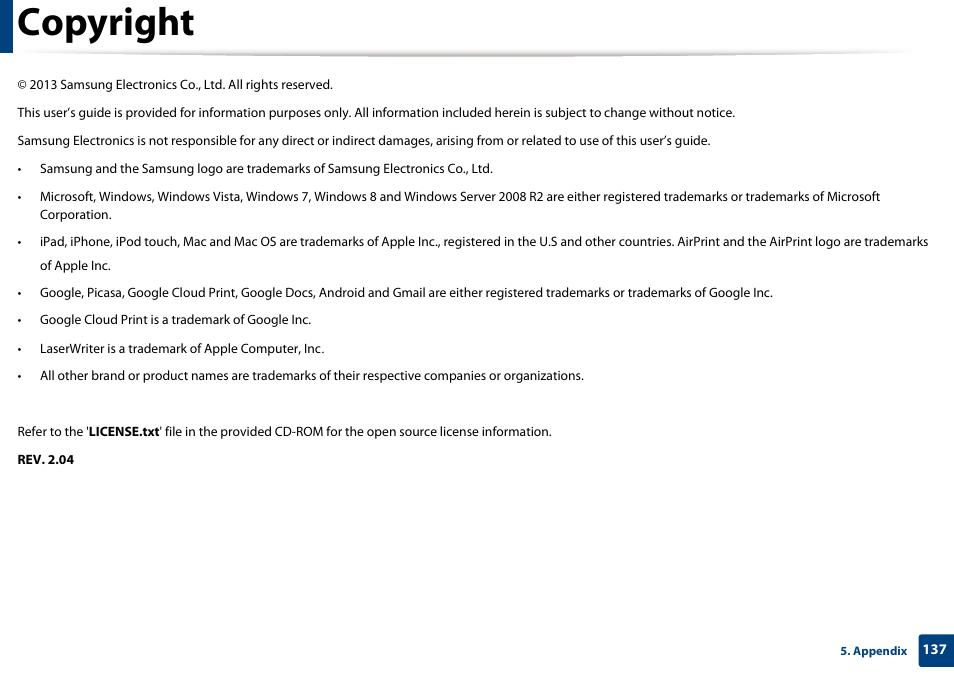 Copyright | Samsung SL-M2875FD-XAA User Manual | Page 137 / 324