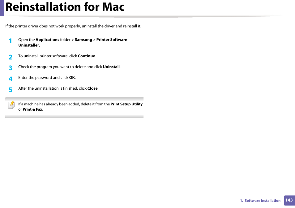 Reinstallation for mac | Samsung SL-M2875FD-XAA User Manual | Page 143 / 324