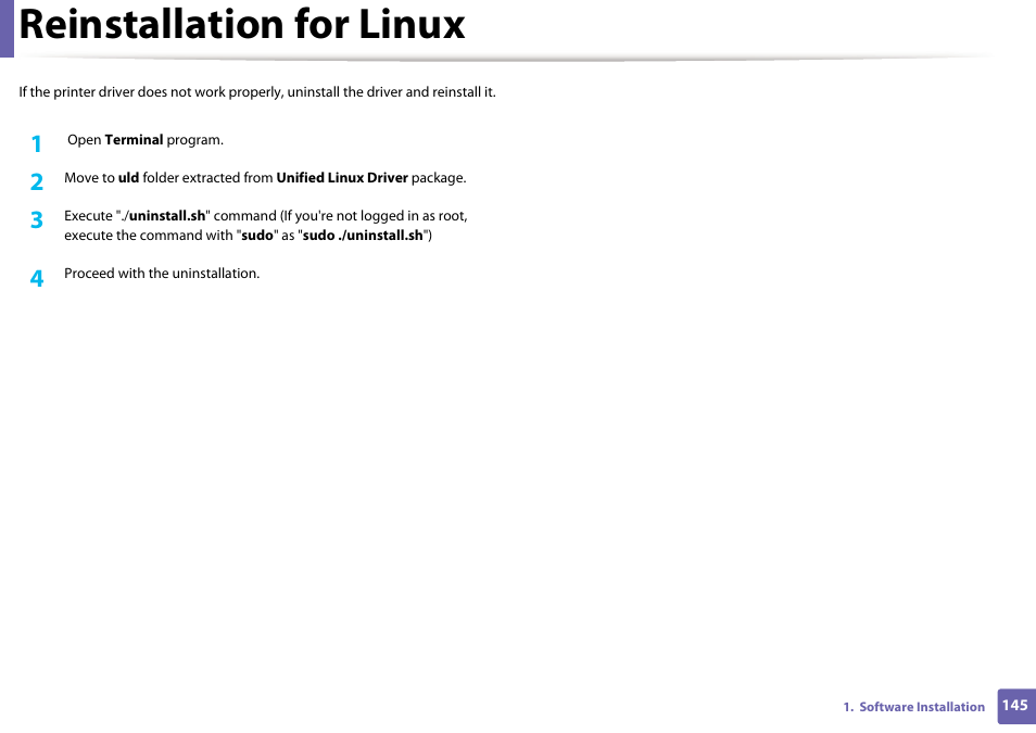 Reinstallation for linux | Samsung SL-M2875FD-XAA User Manual | Page 145 / 324
