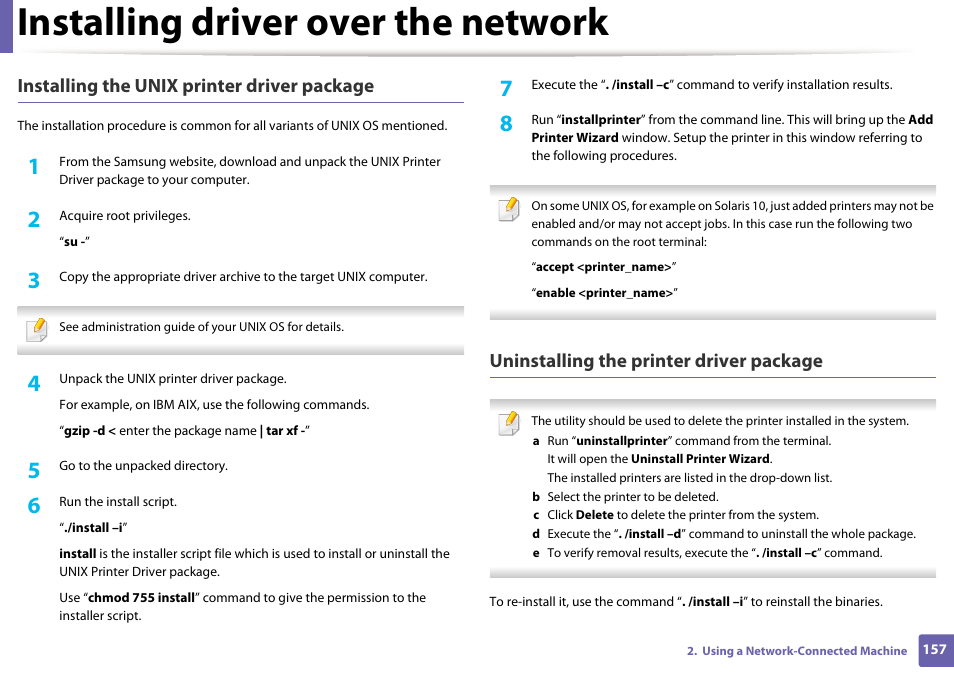 Installing driver over the network, Installing the unix printer driver package, Uninstalling the printer driver package | Samsung SL-M2875FD-XAA User Manual | Page 157 / 324