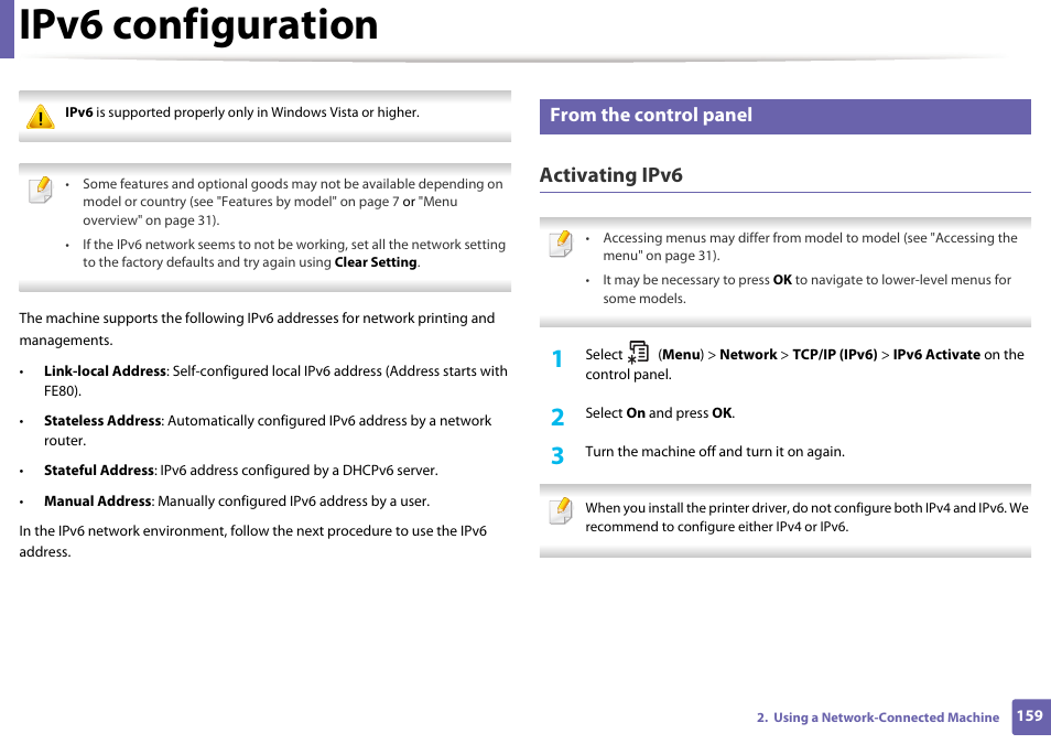 Ipv6 configuration, Activating ipv6 | Samsung SL-M2875FD-XAA User Manual | Page 159 / 324