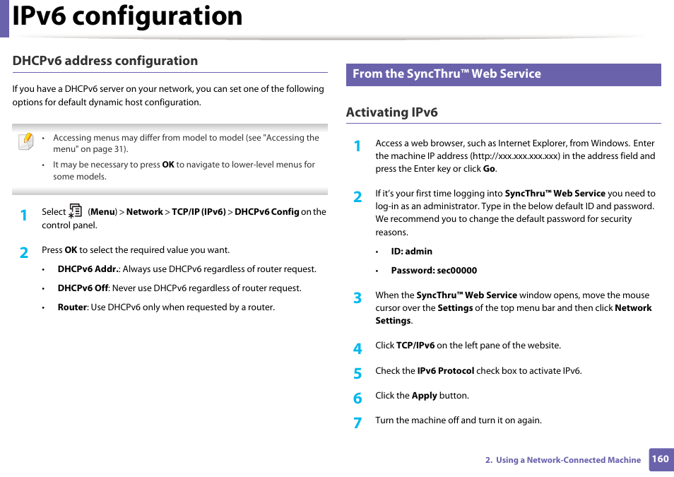 Ipv6 configuration, Dhcpv6 address configuration, Activating ipv6 | Samsung SL-M2875FD-XAA User Manual | Page 160 / 324