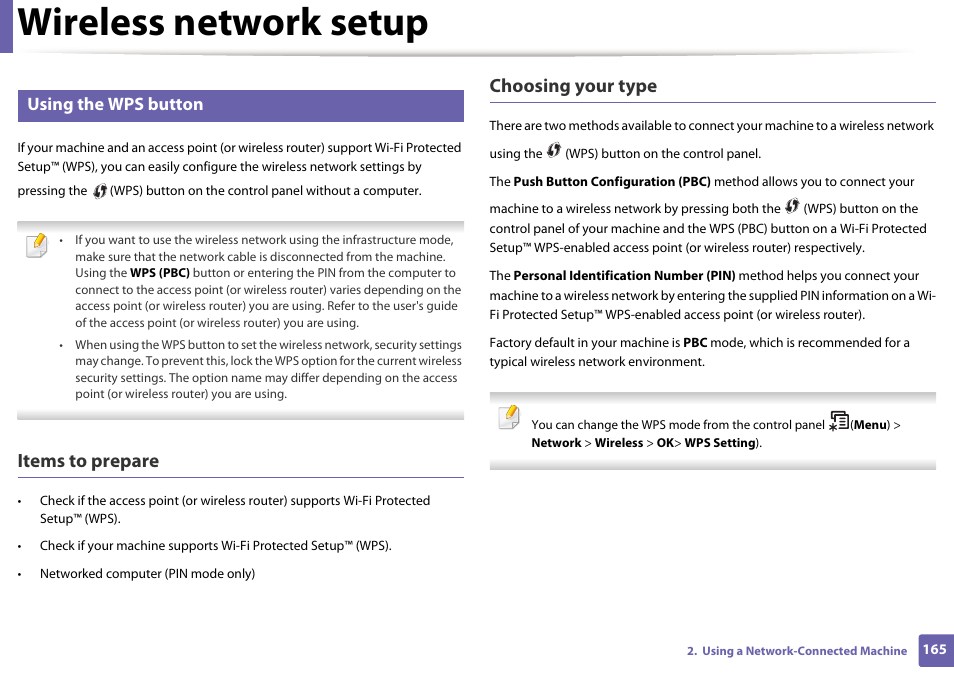 Wireless network setup, Items to prepare, Choosing your type | Using the wps button | Samsung SL-M2875FD-XAA User Manual | Page 165 / 324