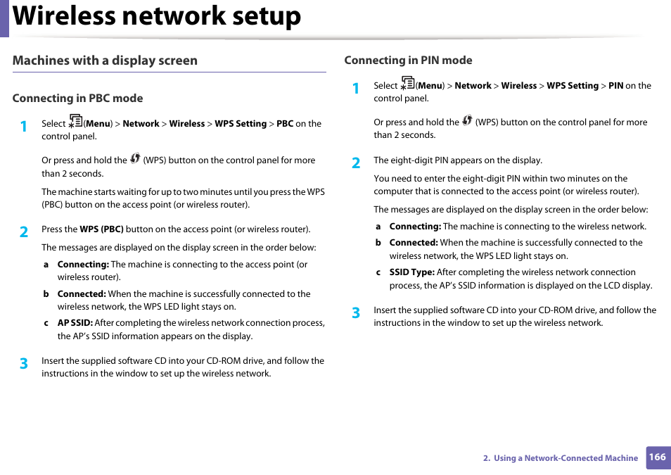 Wireless network setup, Machines with a display screen | Samsung SL-M2875FD-XAA User Manual | Page 166 / 324