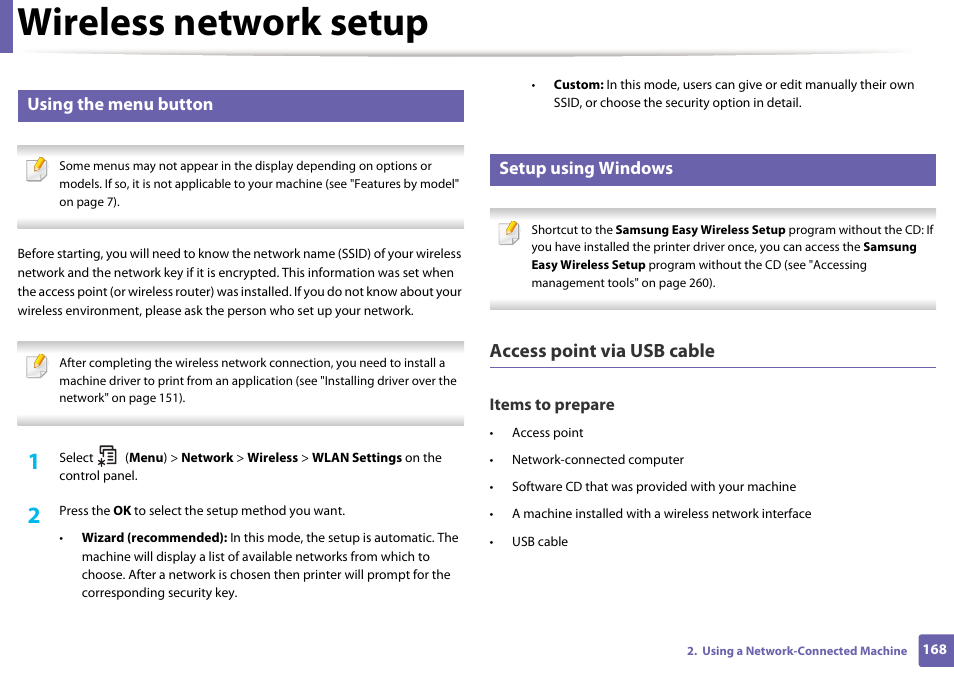 Wireless network setup, Access point via usb cable, Using the menu button | Setup using windows, Items to prepare | Samsung SL-M2875FD-XAA User Manual | Page 168 / 324