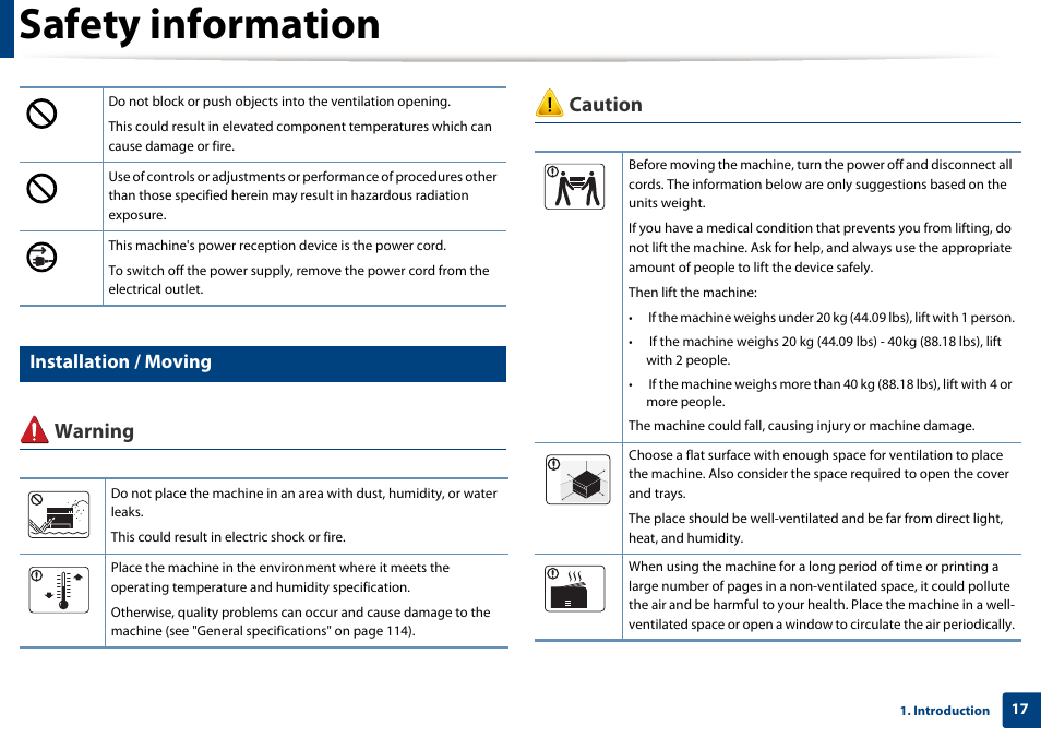 Safety information, Warning caution, Installation / moving | Samsung SL-M2875FD-XAA User Manual | Page 17 / 324