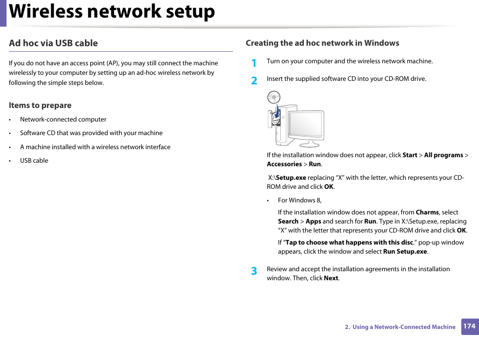 Wireless network setup, Ad hoc via usb cable | Samsung SL-M2875FD-XAA User Manual | Page 174 / 324