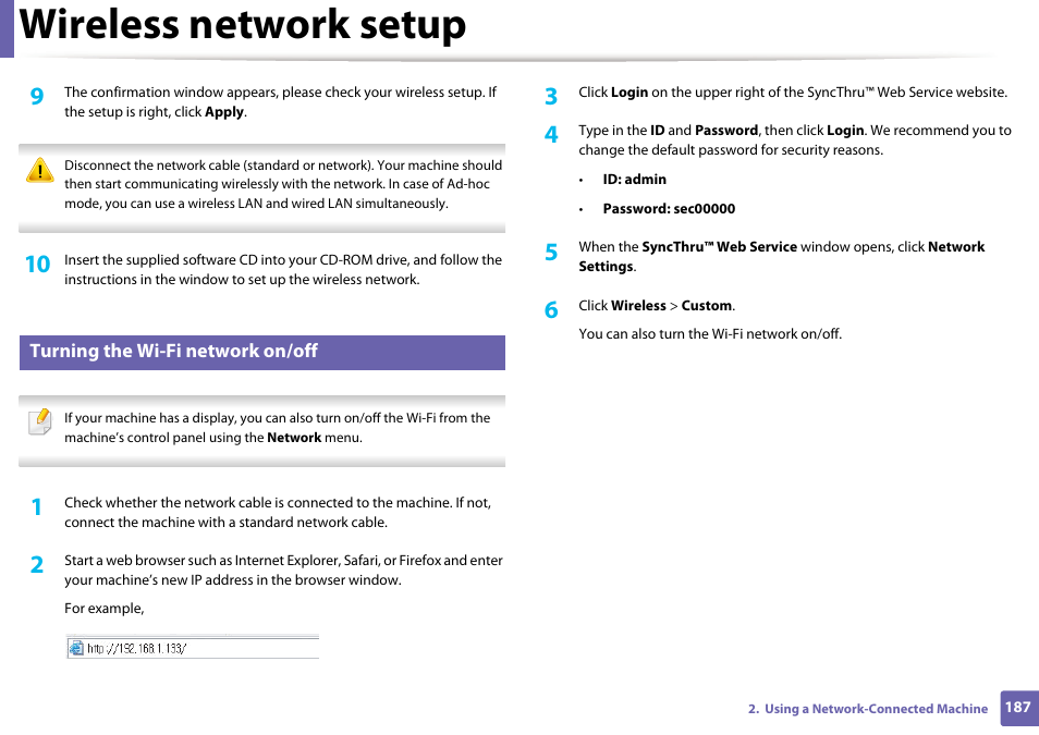 Wireless network setup | Samsung SL-M2875FD-XAA User Manual | Page 187 / 324