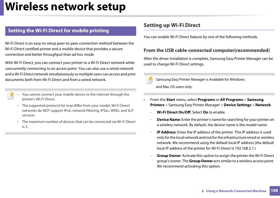Wireless network setup, Setting up wi-fi direct, Setting the wi-fi direct for mobile printing | Samsung SL-M2875FD-XAA User Manual | Page 188 / 324