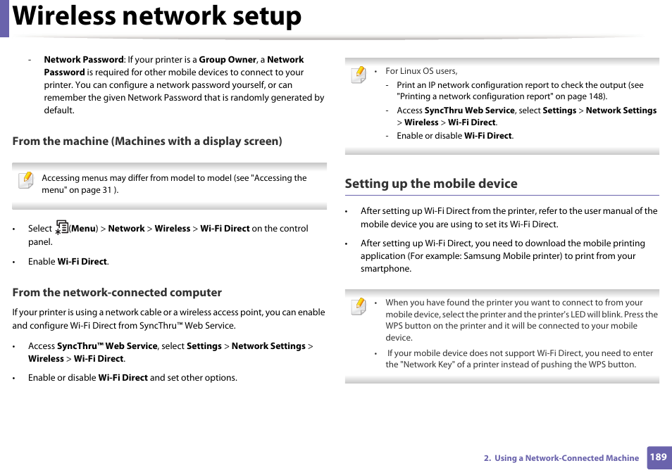 Wireless network setup, Setting up the mobile device | Samsung SL-M2875FD-XAA User Manual | Page 189 / 324