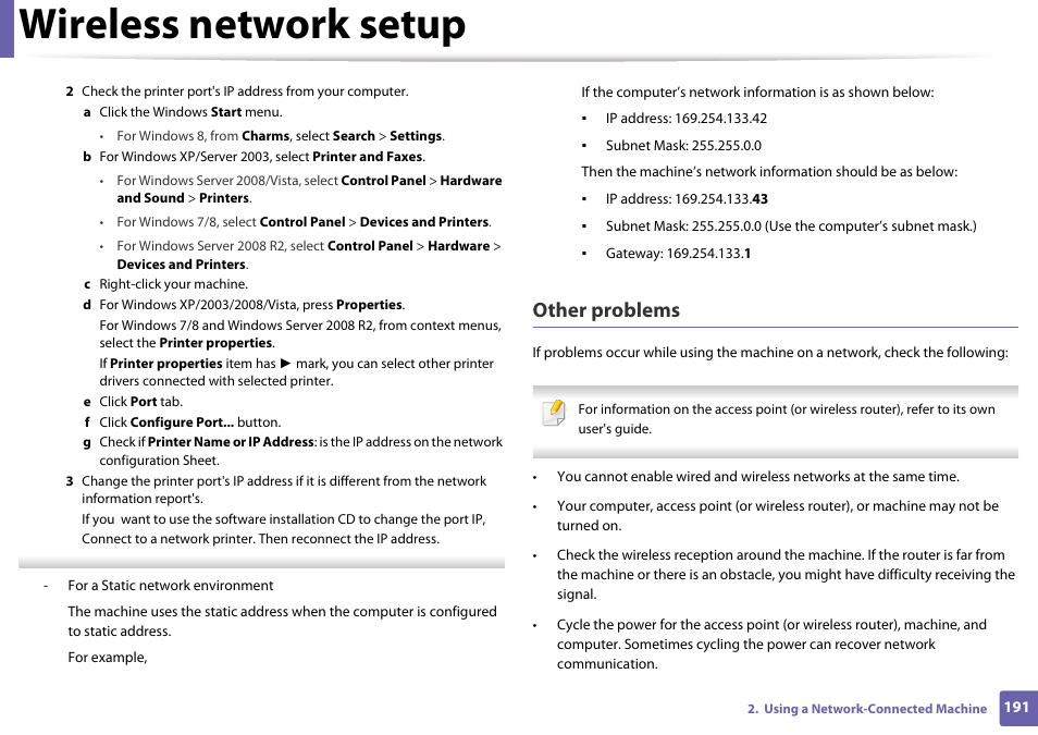 Wireless network setup, Other problems | Samsung SL-M2875FD-XAA User Manual | Page 191 / 324