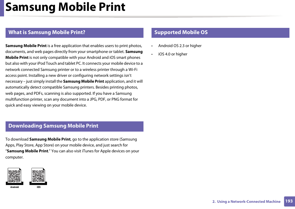 Samsung mobile print, What is samsung mobile print, Downloading samsung mobile print | Supported mobile os | Samsung SL-M2875FD-XAA User Manual | Page 193 / 324