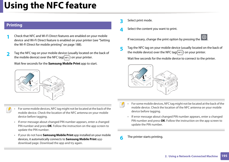 Using the nfc feature, Printing | Samsung SL-M2875FD-XAA User Manual | Page 195 / 324