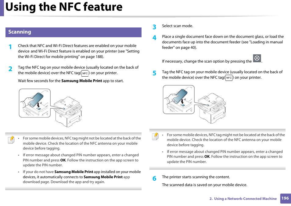 Using the nfc feature, Scanning | Samsung SL-M2875FD-XAA User Manual | Page 196 / 324