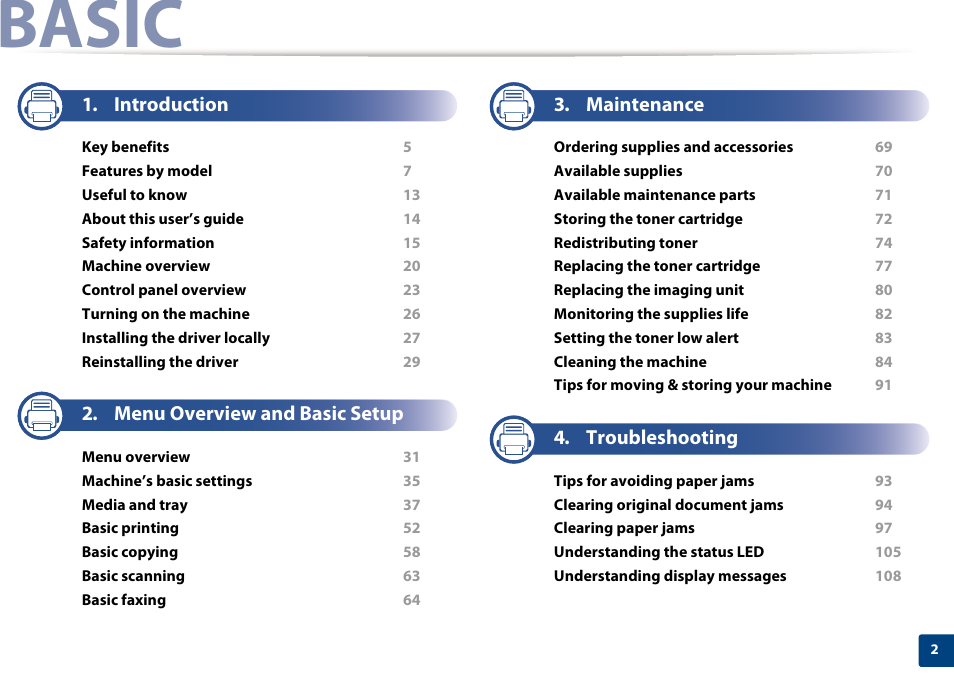 Basic, Introduction, Menu overview and basic setup | Maintenance, Troubleshooting | Samsung SL-M2875FD-XAA User Manual | Page 2 / 324