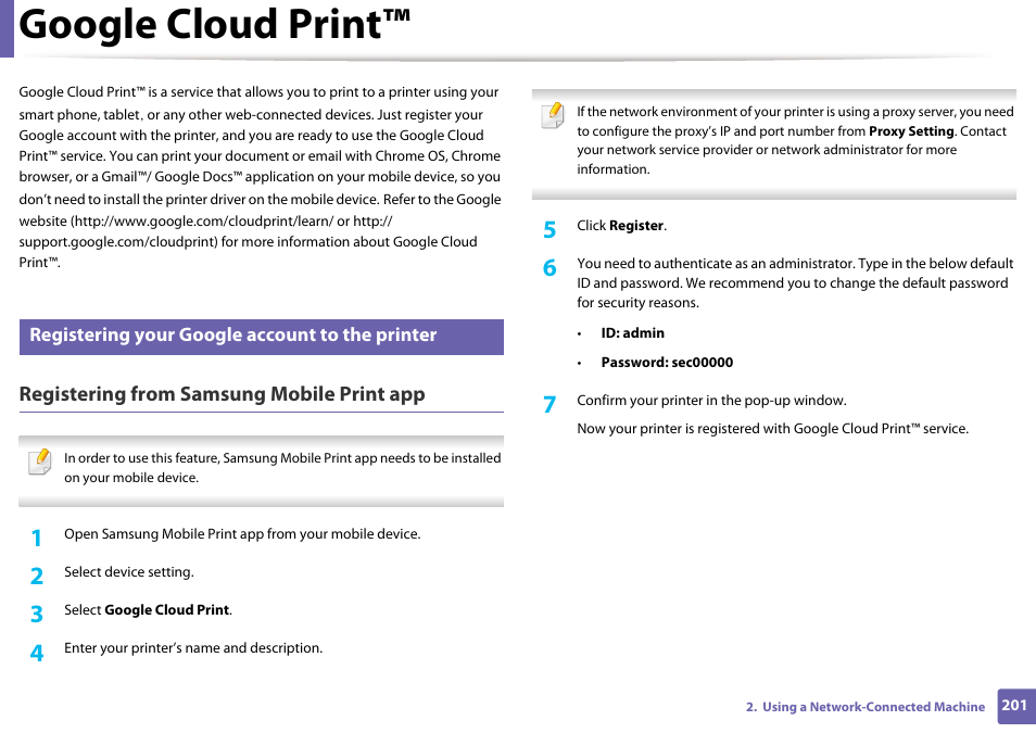 Google cloud print, Registering from samsung mobile print app, Registering your google account to the printer | Samsung SL-M2875FD-XAA User Manual | Page 201 / 324