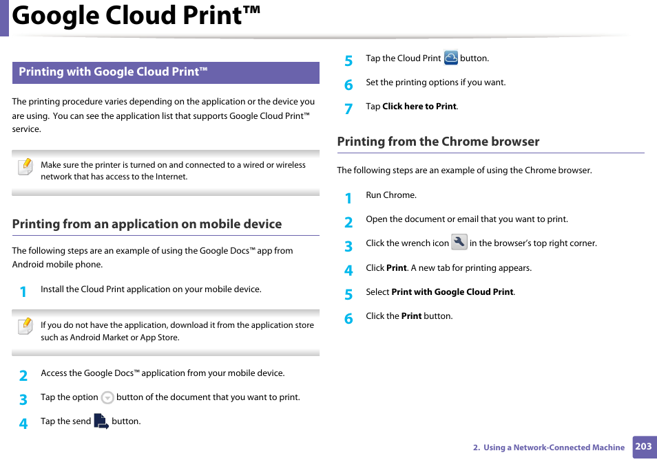Google cloud print, Printing from an application on mobile device, Printing from the chrome browser | Samsung SL-M2875FD-XAA User Manual | Page 203 / 324