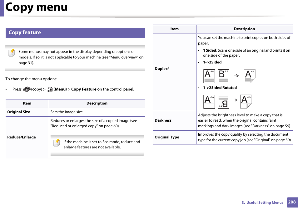 Copy menu, Copy feature | Samsung SL-M2875FD-XAA User Manual | Page 208 / 324