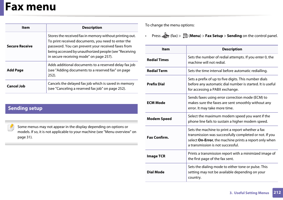 Ge 212, Fax menu, Sending setup | Samsung SL-M2875FD-XAA User Manual | Page 212 / 324