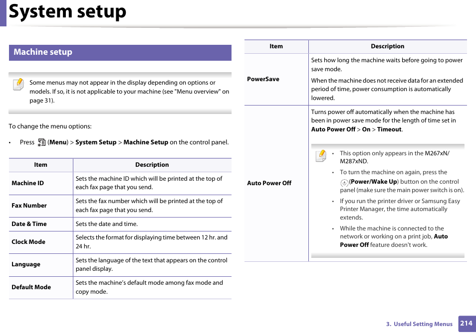 System setup, Machine setup | Samsung SL-M2875FD-XAA User Manual | Page 214 / 324