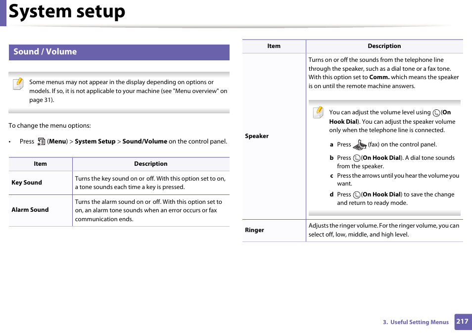 System setup, Sound / volume | Samsung SL-M2875FD-XAA User Manual | Page 217 / 324