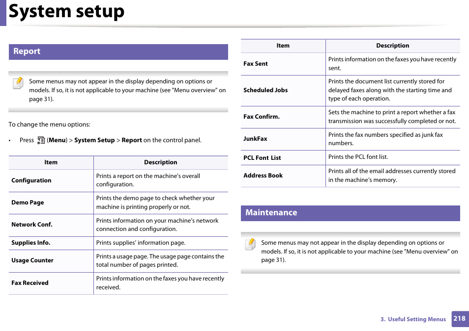 System setup, Report, Maintenance | Samsung SL-M2875FD-XAA User Manual | Page 218 / 324