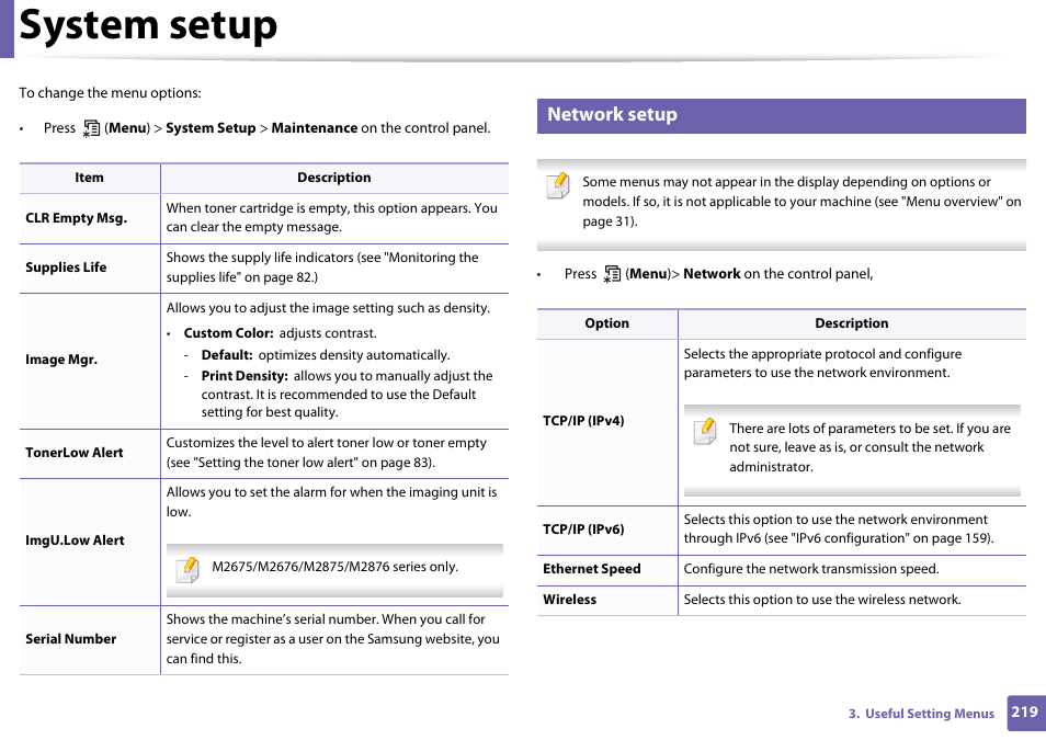 System setup, Network setup | Samsung SL-M2875FD-XAA User Manual | Page 219 / 324