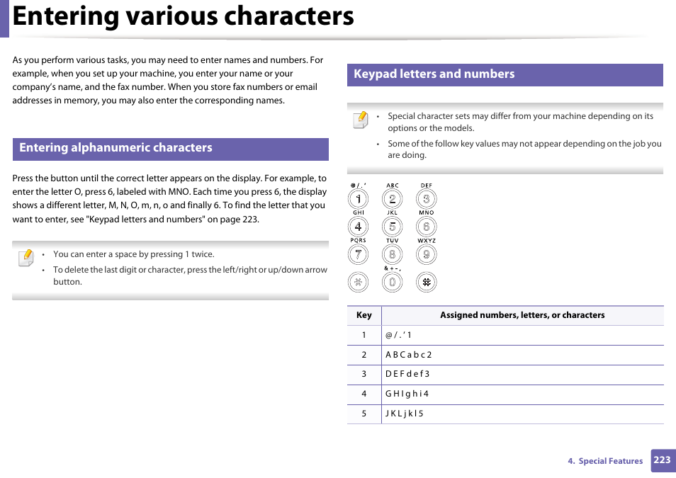 Entering various characters, Entering alphanumeric characters, Keypad letters and numbers | Samsung SL-M2875FD-XAA User Manual | Page 223 / 324