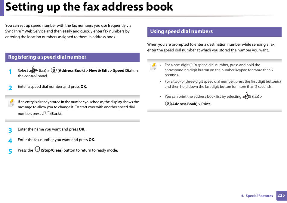 Setting up the fax address book, Registering a speed dial number, Using speed dial numbers | Samsung SL-M2875FD-XAA User Manual | Page 225 / 324