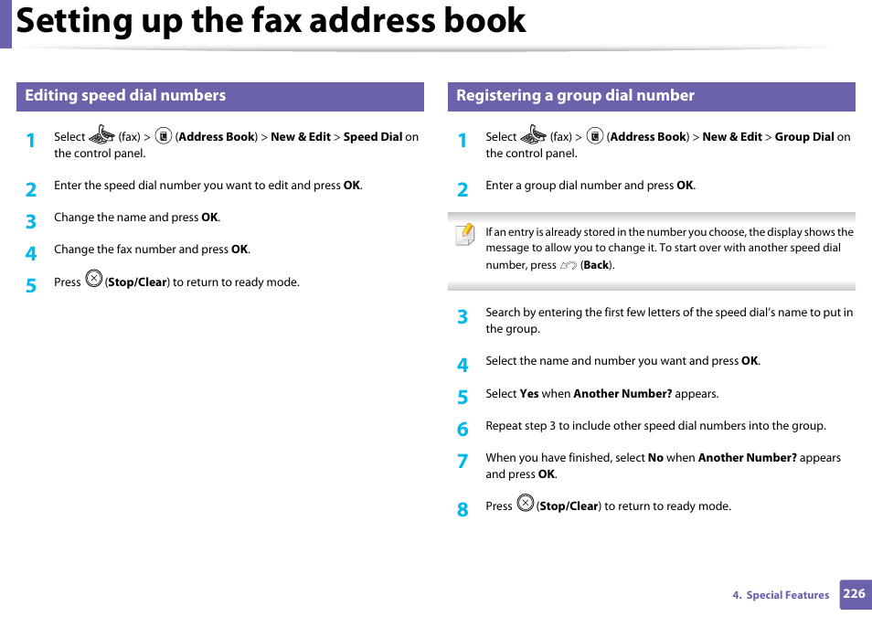 Setting up the fax address book | Samsung SL-M2875FD-XAA User Manual | Page 226 / 324